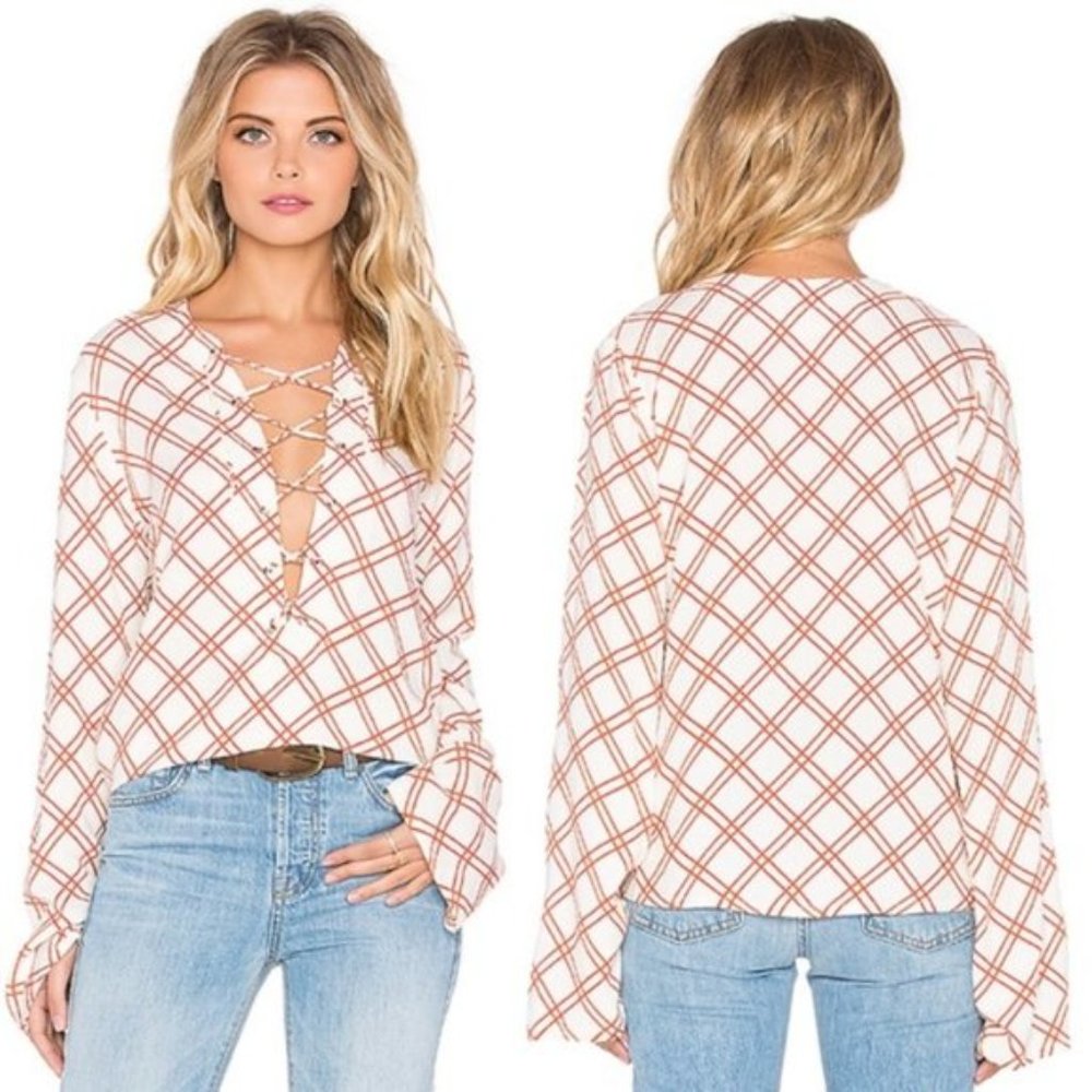 Faithfull the Brand Natalia CoCo Print Lace Up Top size small bell sleeves
